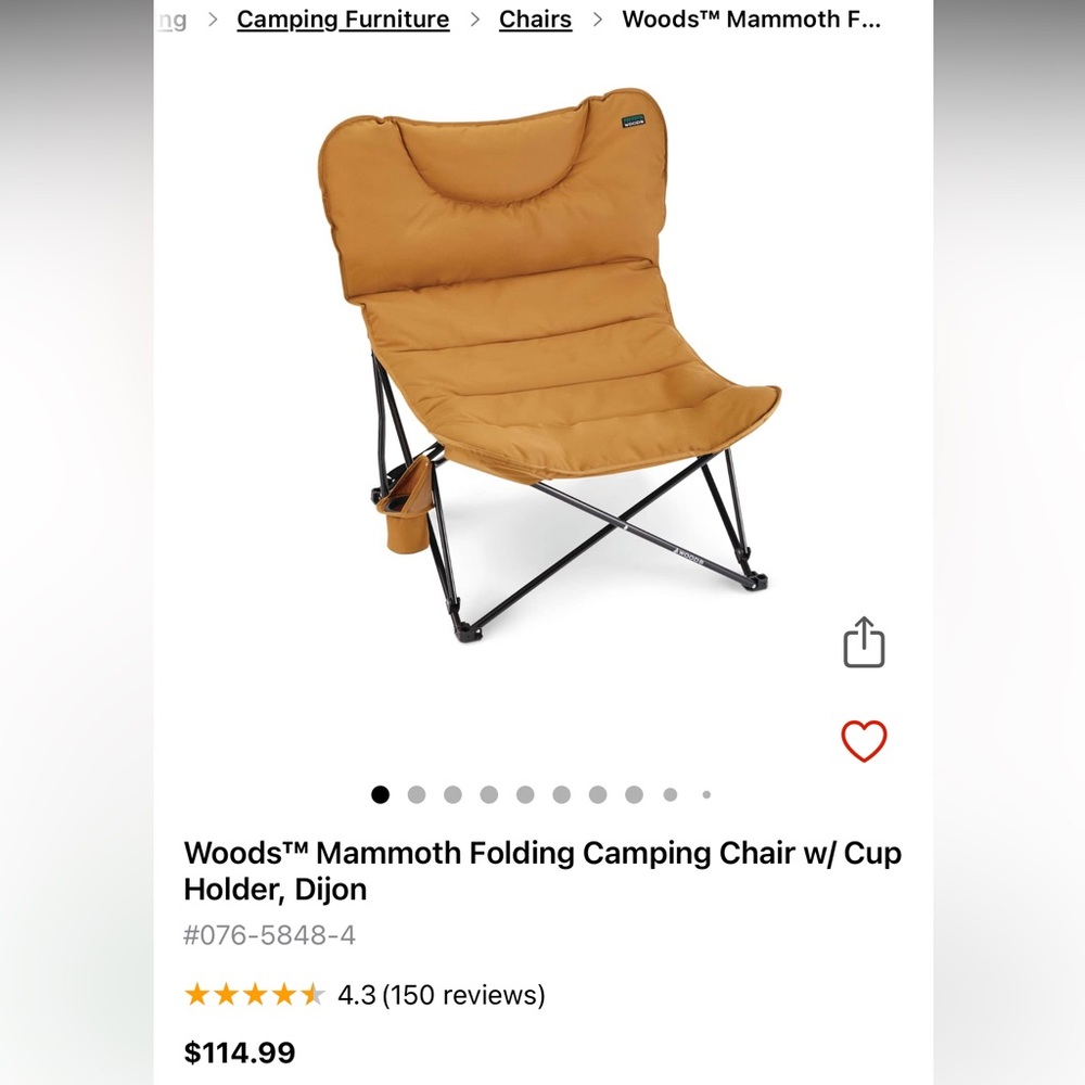 BNIB Woods Mammoth Folding Camping Chair w/ Cup Holder Dijon